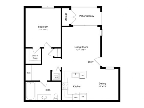 Floor plan for 1 bed, 1 bath, 743 sqft